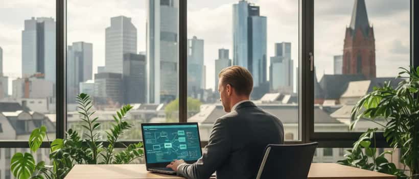 IT-Sicherheitsexperte analysiert Netzwerksicherheit auf Laptop in deutschem Büro