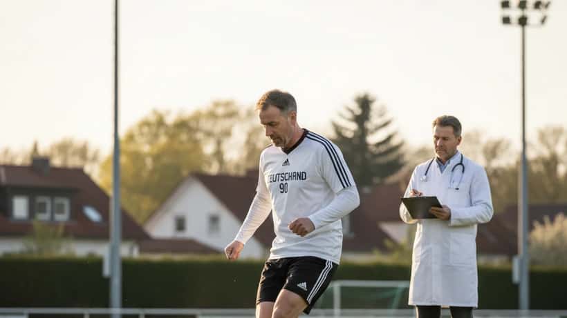Amateurfußballer beim Training in München mit Sportmediziner, inspiriert vom WM-Triumph 1990