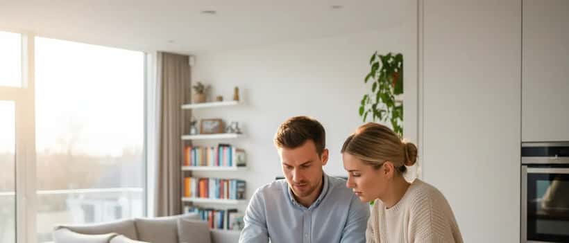 Jong stel bekijkt hypotheekdocumenten en huisplannen samen aan keukentafel