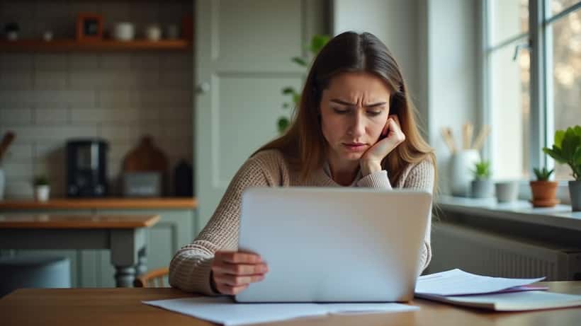 Norsk par gjennomgår forsikringsdokumenter ved kjøkkenbord med bærbar PC