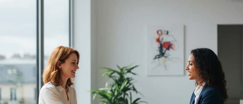 Femme française en rendez-vous avec une avocate dans un bureau lumineux, expression soulagée