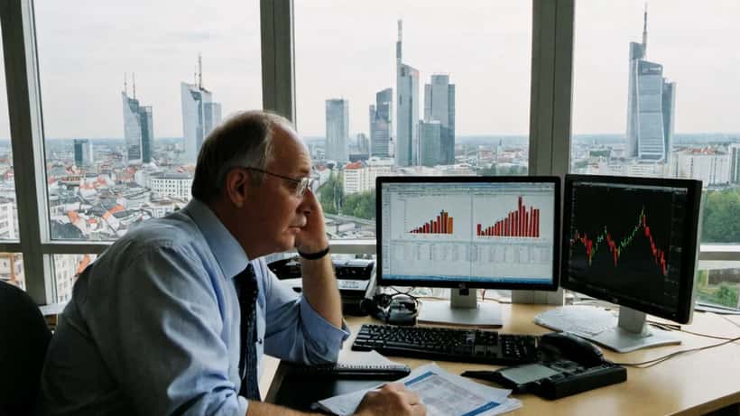 Deutscher Finanzberater analysiert fallende Nikkei-Kurse auf Bildschirm in Frankfurt