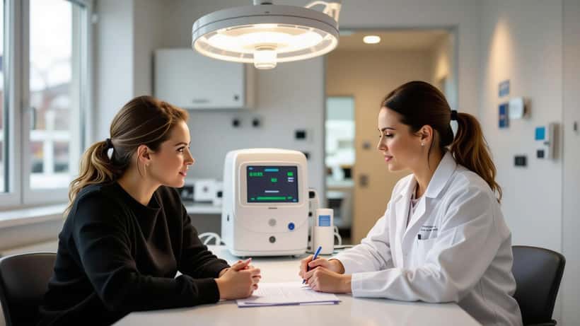 Suomalainen nainen keskustelee gynekologin kanssa hedelmällisyysklinikalla Helsingissä