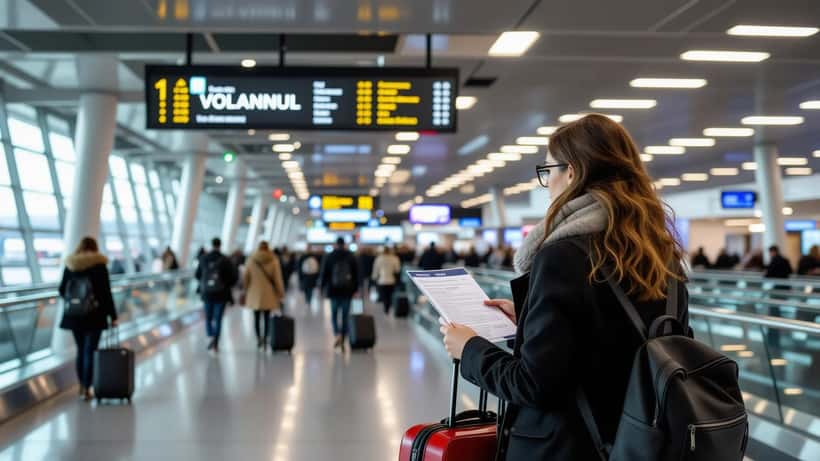 Passager à l'aéroport CDG face à un panneau affichant VOL ANNULÉ tenant ses documents de réclamation