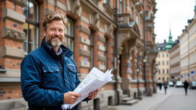 Kullerstensbelagd gata i Gamla stan Stockholm med traditionella historiska byggnader