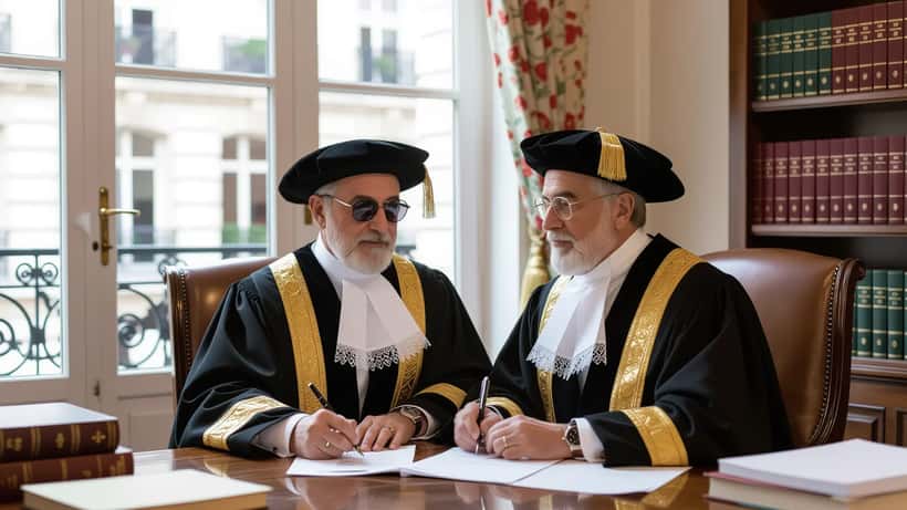 Avocat parisien consultant des documents de loi avec un débat politique à la télévision en arrière-plan