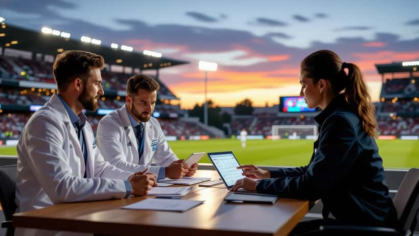 Estadio mundialista 2026 con equipo médico analizando rendimiento de jugadores