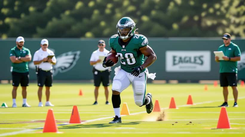 Corredor de los Philadelphia Eagles entrenando en campo de práctica, agosto 2026