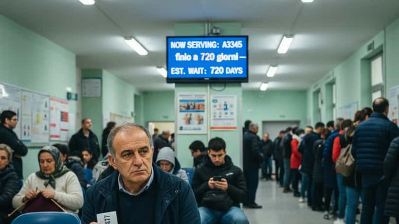Paziente italiano in sala d'attesa ospedaliera affollata con ticket numerico