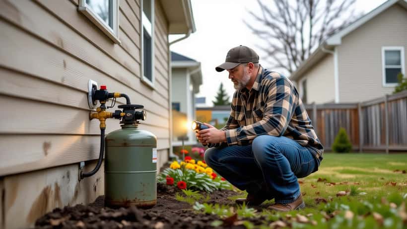 Homeowner inspecting a propane gas tank connection beside a suburban house