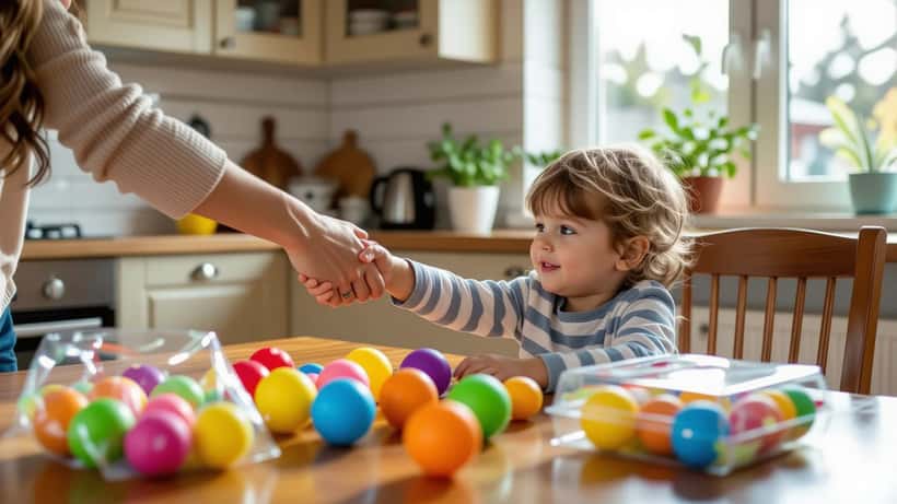 Parent holding colourful squishy foam toys as a young child reaches for them at a kitchen table