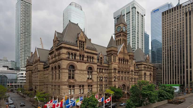Old Toronto City Hall viewed from the new Nathan Phillips Square building, Ontario, Canada