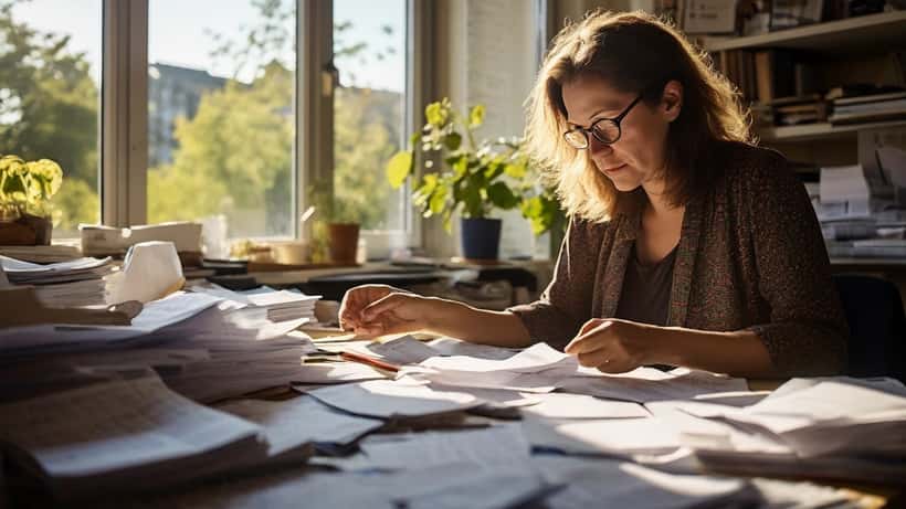Deutsche Frau am Schreibtisch mit Steuerformularen und Taschenrechner