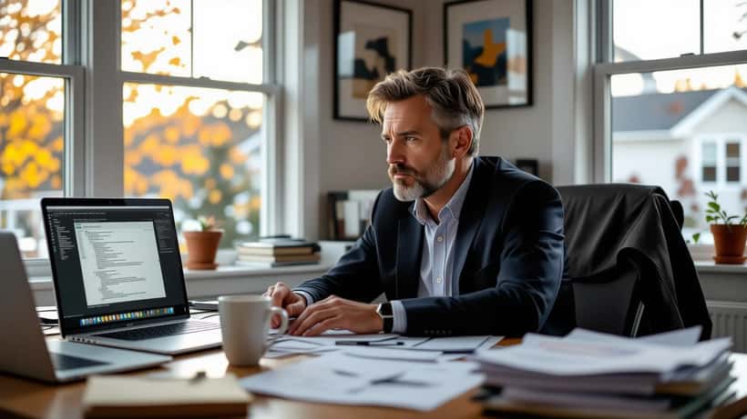 Exhausted professional at home office desk on Labour Day 2026 showing signs of workplace burnout