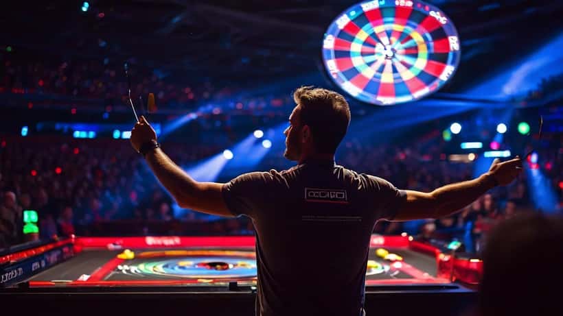 Dartsspeler gooit pijl naar bullseye tijdens PDC-toernooi — symbool voor topsport en financieel succes