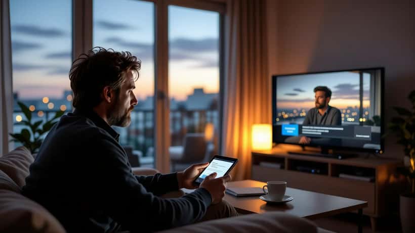 Homme inquiet regardant une tablette affichant une alerte d'accès refusé sur MyCanal