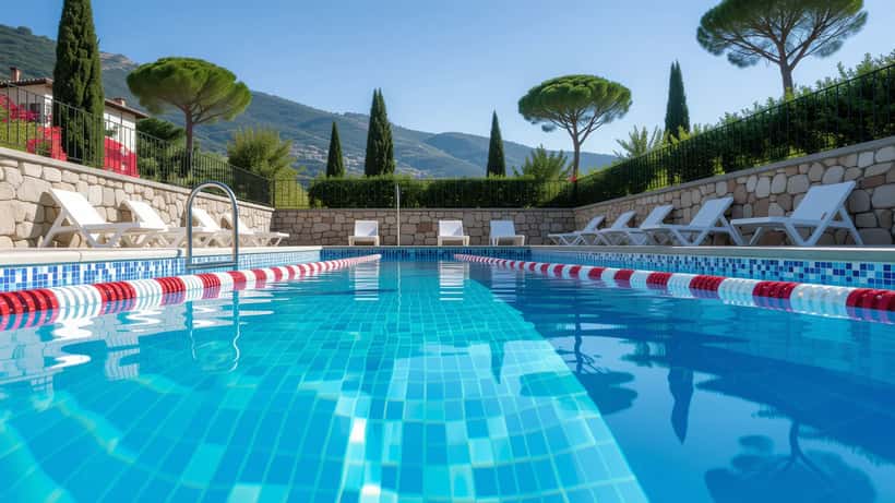 Bocchettone di aspirazione sul fondo di una piscina pubblica con nastro di sicurezza lungo il bordo