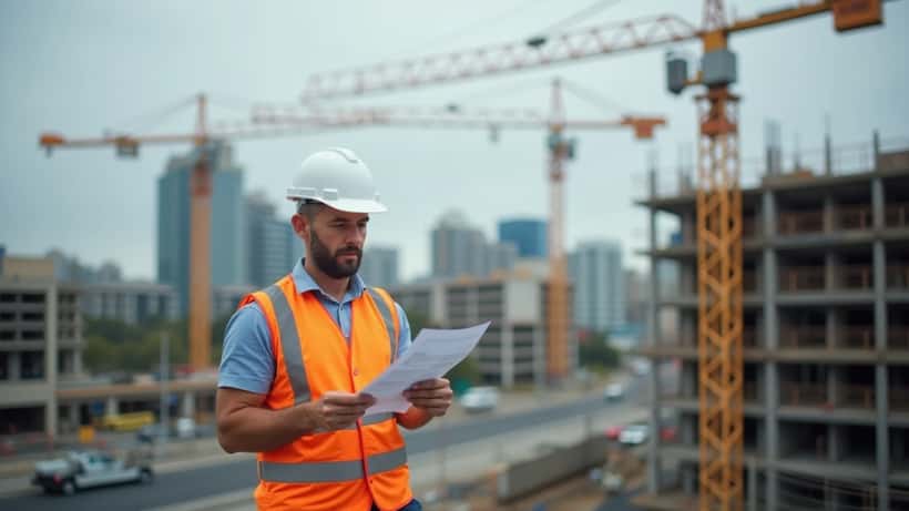 Australian construction worker in orange high-vis vest reviewing union documents at a construction site in Sydney