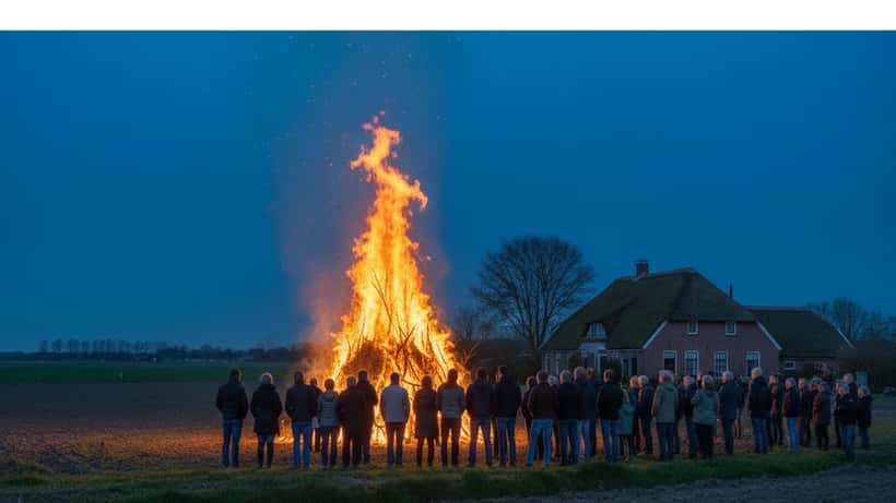 Groot paasvuur brandend in een Nederlands polderlandschap bij schemering