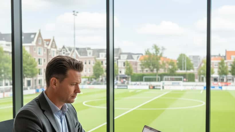 Financieel adviseur analyseert vermogensplan in Amsterdam kantoor met voetbalveld op achtergrond