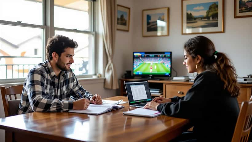 Professor particular de matemática ensina probabilidade a um estudante usando estatísticas de futebol em uma mesa