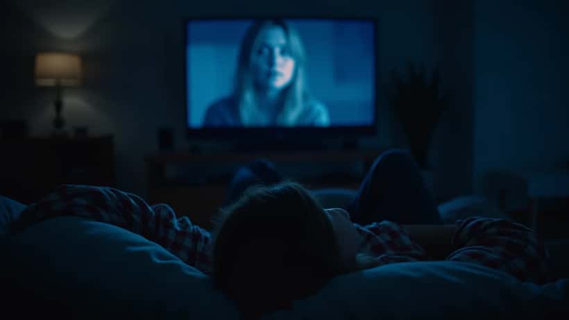 Mulher a ver séries de streaming no sofá de noite com luz azul do ecrã