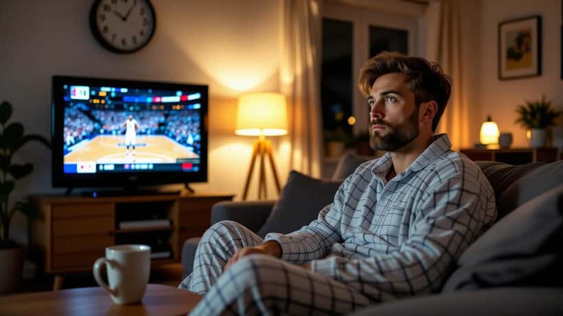 Australian man watching NBA basketball on TV late at night on a couch, visibly exhausted in a dark living room