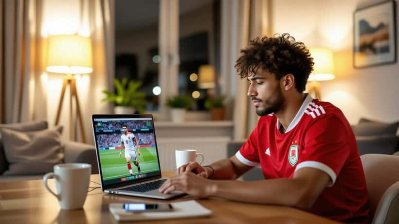 Ajax-supporter kijkt de oefenwedstrijd tegen VfL Bochum via een gratis livestream op een laptop