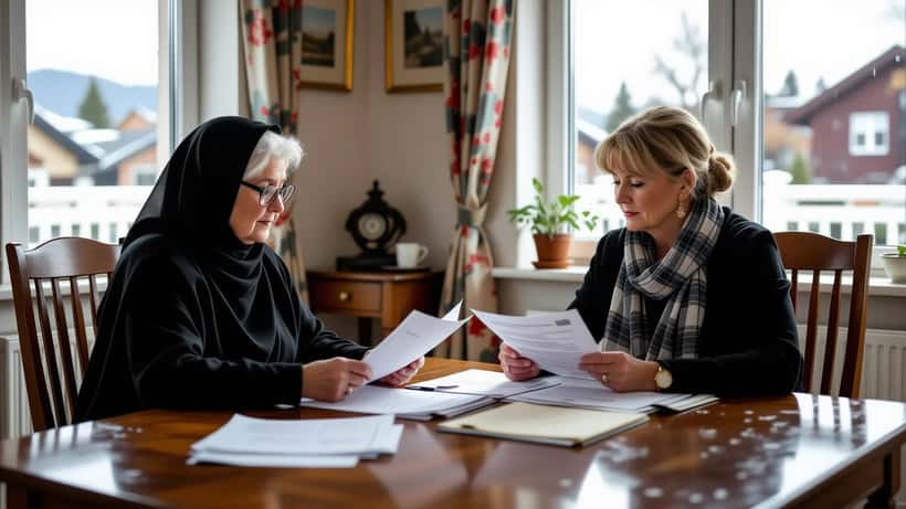 Eldre norsk kvinne gjennomgår juridiske dokumenter med datteren sin ved kjøkkenbordet