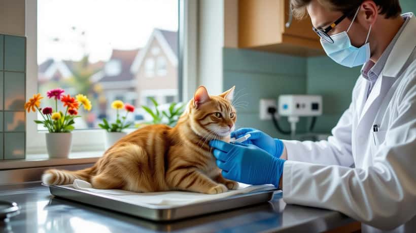 Dierenarts onderzoekt een kat op tekenen van teken en vlooien in een Nederlandse dierenkliniek