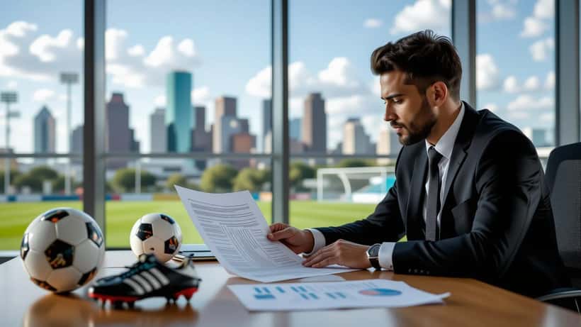 Soccer player reviewing transfer contract document with legal advisor in Houston stadium office