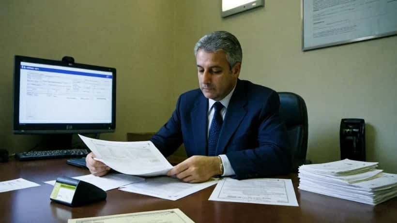 Direttore di banca esamina documenti di fusione in uno sportello bancario italiano