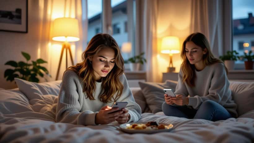 Jugendliche scrollt abends am Smartphone, Mutter beobachtet besorgt von der Tür