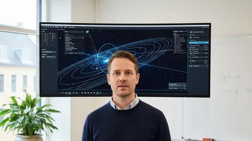 Dansk IT-specialist foran skærm med satellitdata i moderne Copenhagen kontor