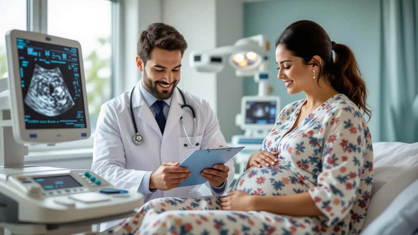 Mujer embarazada hispana en consulta prenatal con médico especialista revisando ecografía en clínica moderna