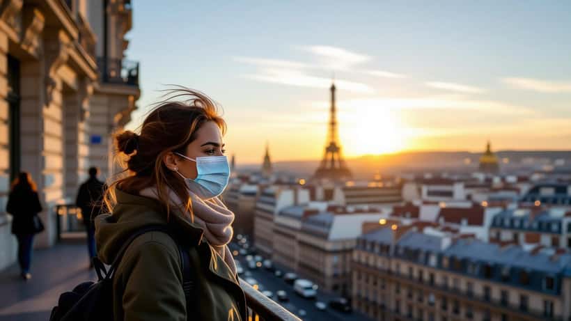 Ciel orange chargé de poussières du Sahara au-dessus d'une ville française, personne portant un masque de protection