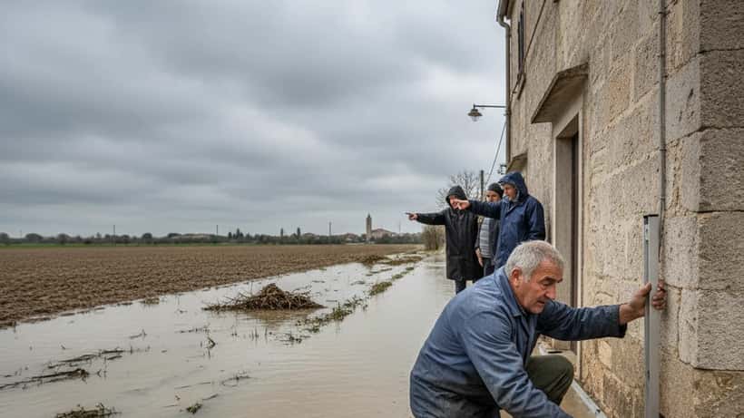 Artigiano italiano esamina fondamenta di casa allagata vicino alla diga di Occhito, Puglia