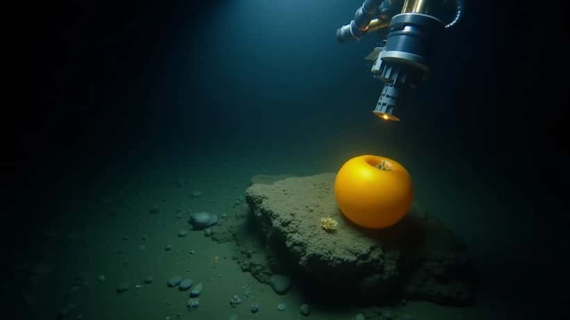 Robot sous-marin ROV illuminant l'orbe dorée mystérieuse dans les profondeurs du golfe de l'Alaska
