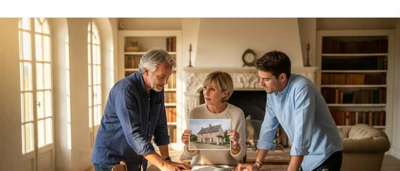 Famille française réunissant des documents immobiliers et photos d'une maison de campagne autour d'une table