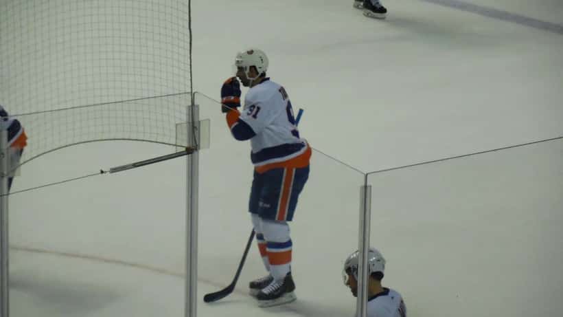 Islanders skaters during an NHL game against the Buffalo Sabres