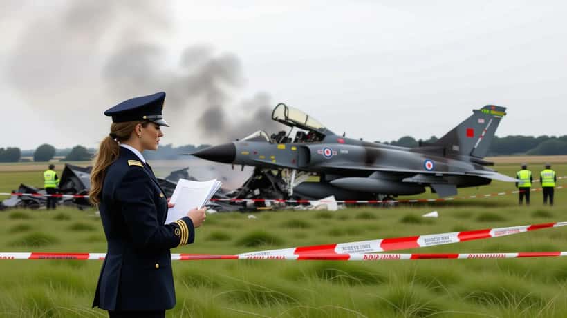 Aviation solicitor reviewing legal documents at police cordon surrounding crashed military jet wreckage in a Lincolnshire field
