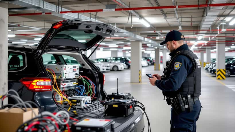 Coffre de voiture ouvert révélant un appareil de phishing SMS examiné par un technicien