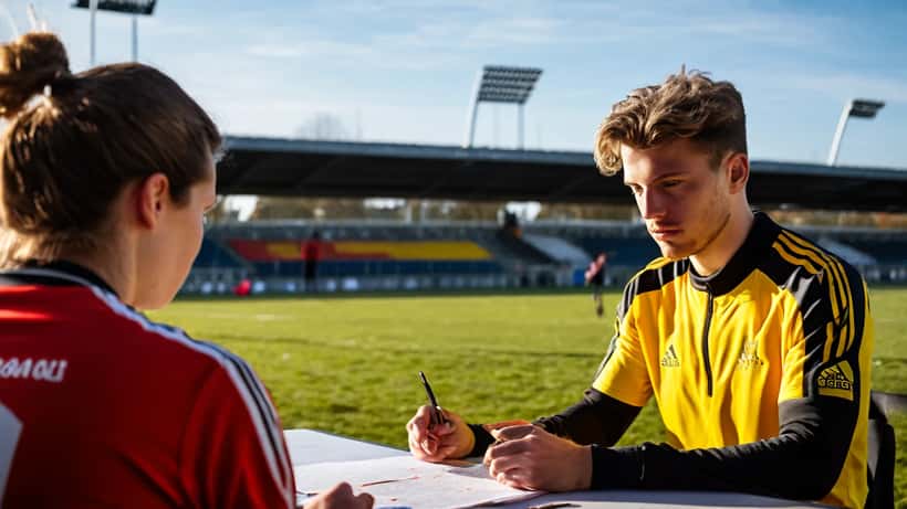 Jonge voetballer in trainingskit bekijkt contractdocumenten bij een voetbalveld in Alkmaar