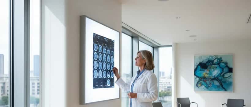 Neurologue française examinant des résultats d'imagerie cérébrale dans un cabinet de neurologie