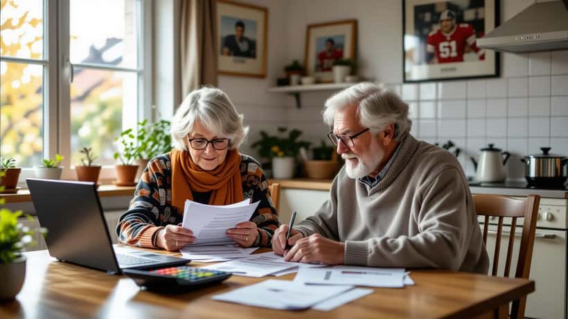 Äldre par går igenom pensionsbrev och försäkringspapper vid köksbord