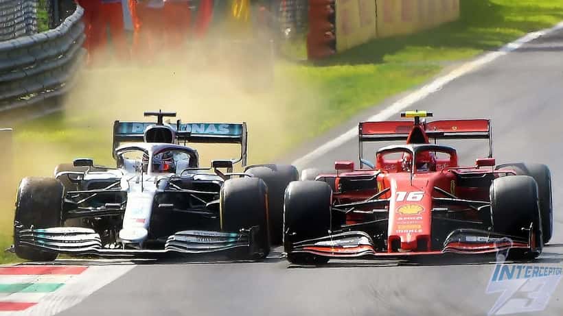 Formula 1 cars racing at Monza circuit during the Italian Grand Prix