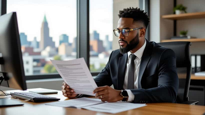 Sports attorney reviewing NBA trade contract documents in a Cleveland law office
