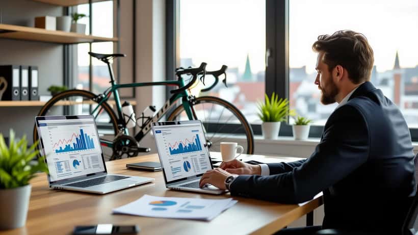 Formuerådgiver gennemgår investeringsdokumenter ved et skrivebord med en racercykel lænet op ad væggen i baggrunden