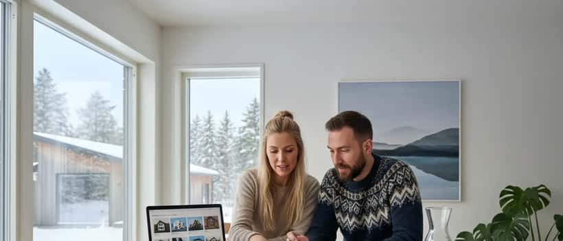 Svenskt par granskar bostadsdokument vid köksbordet i skandinaviskt hem