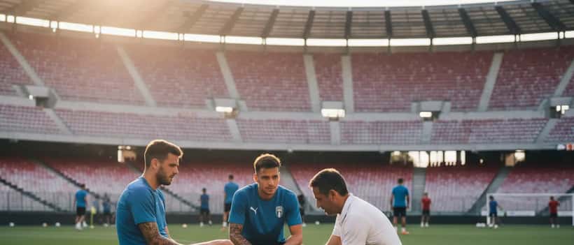 Medico sportivo esamina calciatore italiano a bordo campo durante allenamento
